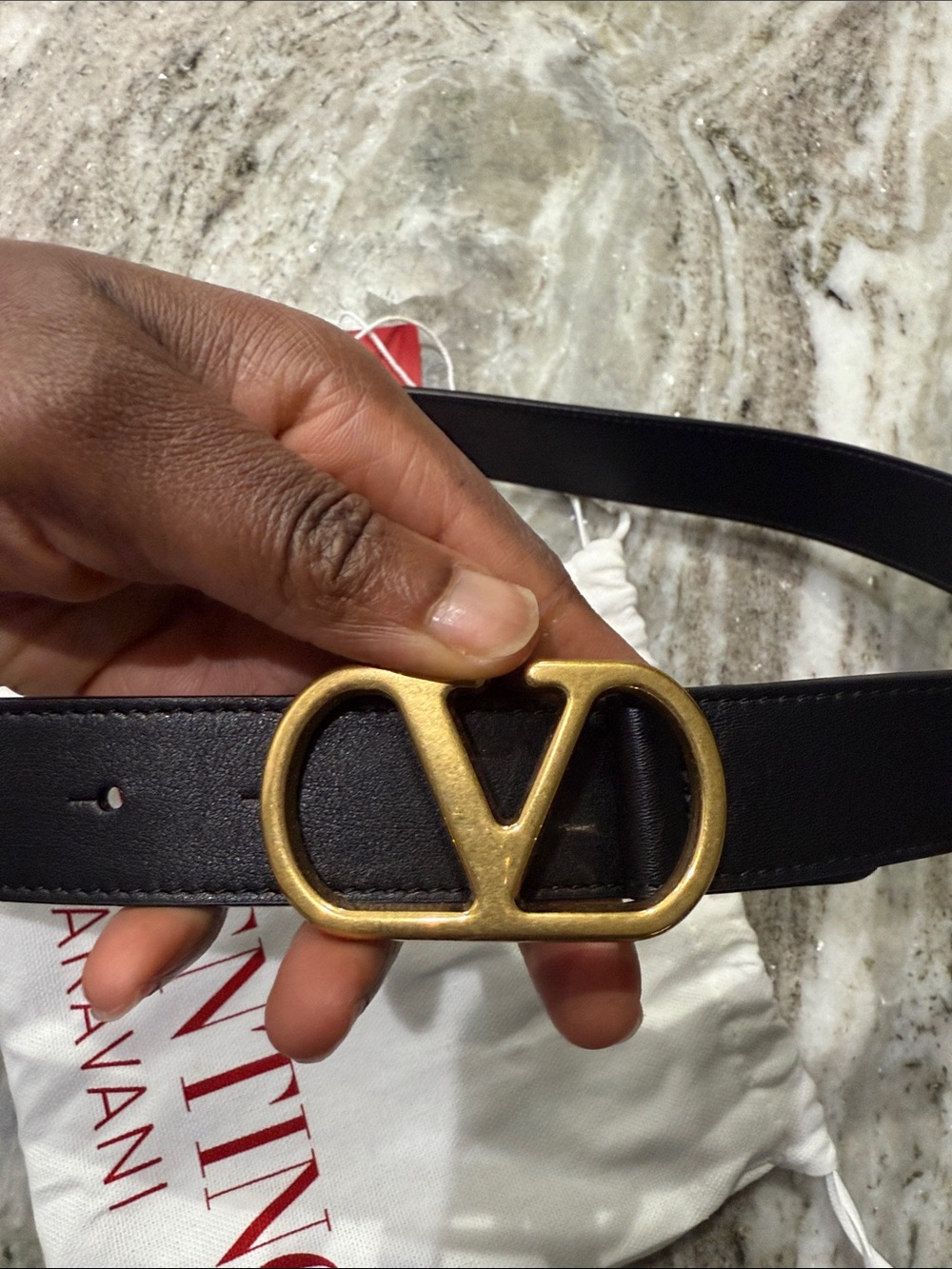 Valentino Garavani Black Leather Belt with Gold V Buckle